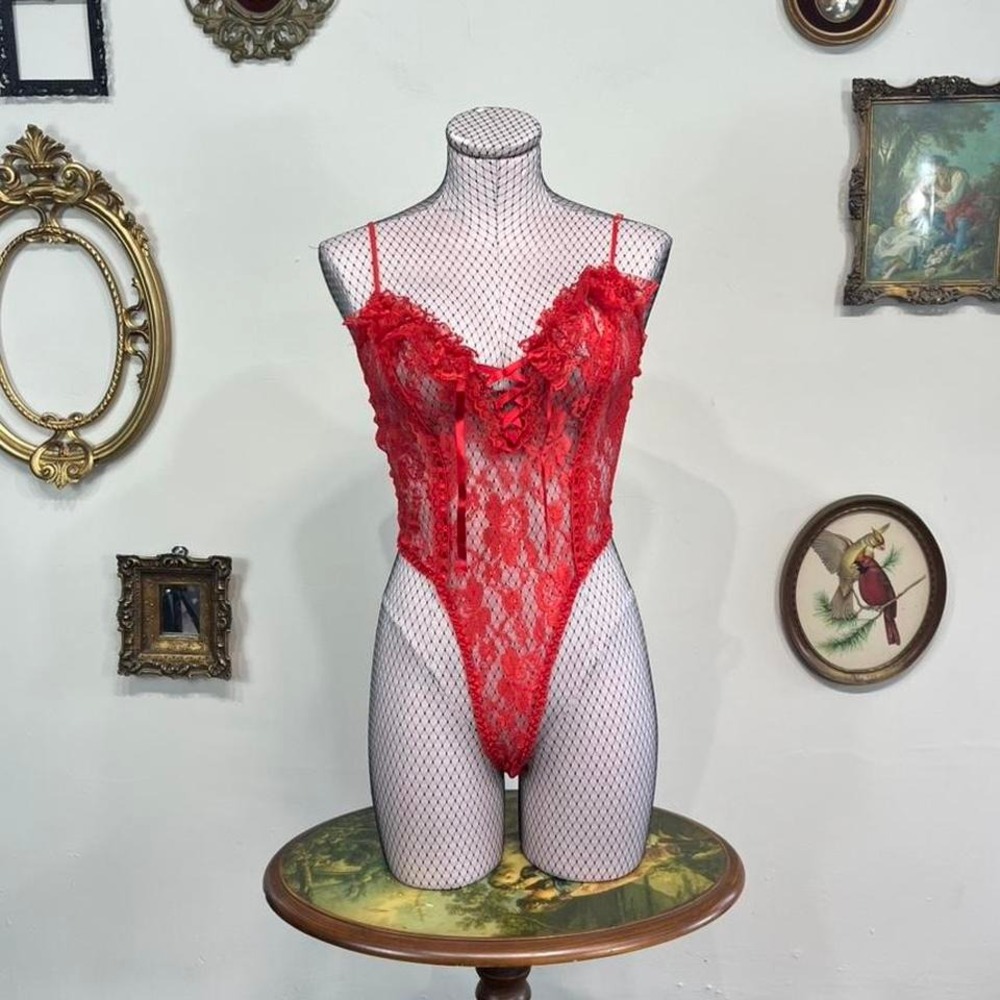 Vintage Red Lace Lingerie Teddy Bodysuit – S.G. for Escante – Lace-Up Front